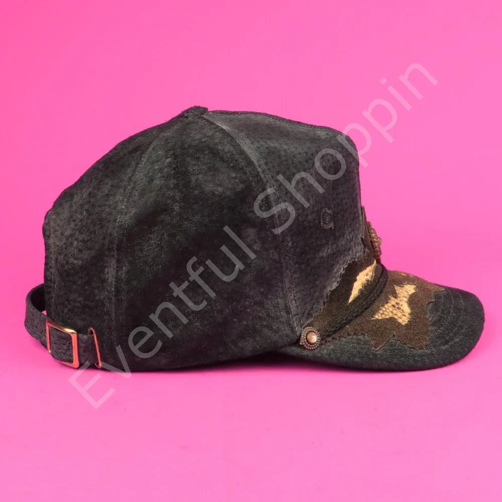 Vintage Leather Snakeskin Hat Mens Black Adjustable Vintage 1980s Made In USA - Picture 5 of 10